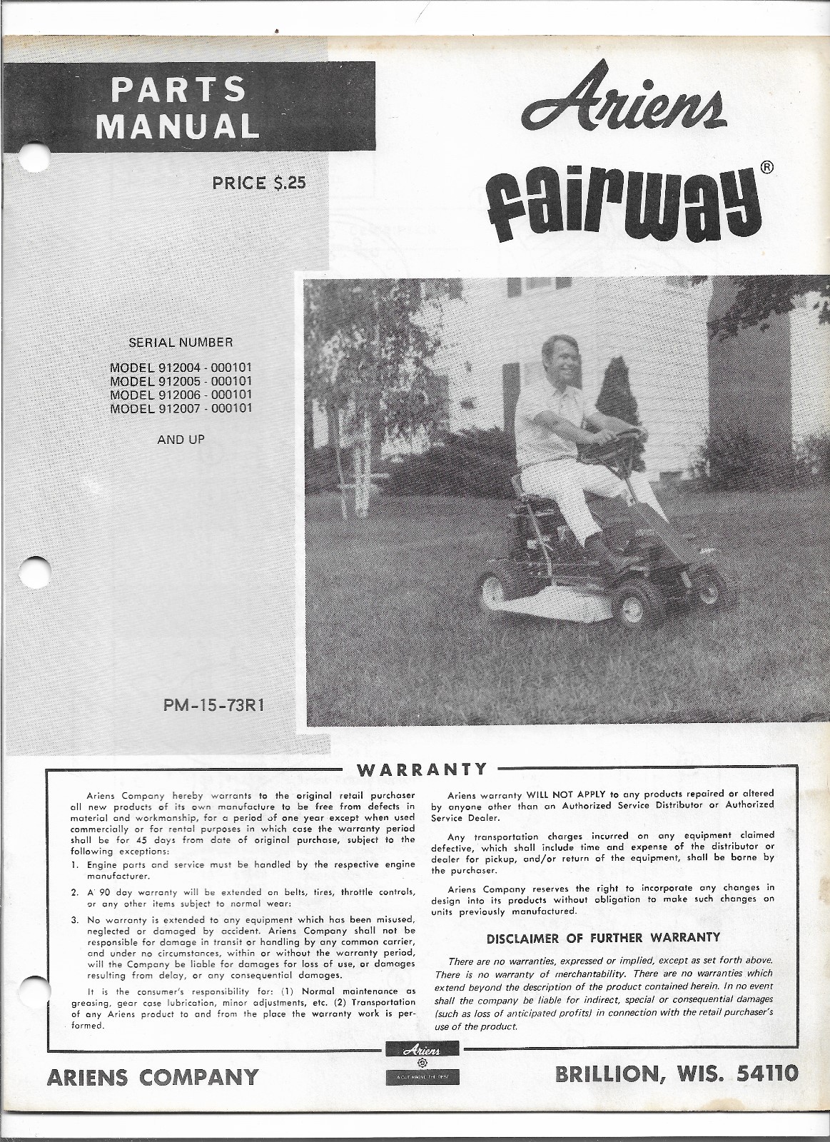 Original OE OEM Ariens Fairway Riding Mower Parts Manual Catalog List