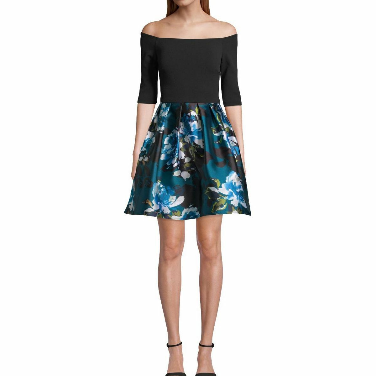 Betsy & Adam Womens Off-The-Shoulder Floral Cocktail Dress Black 6