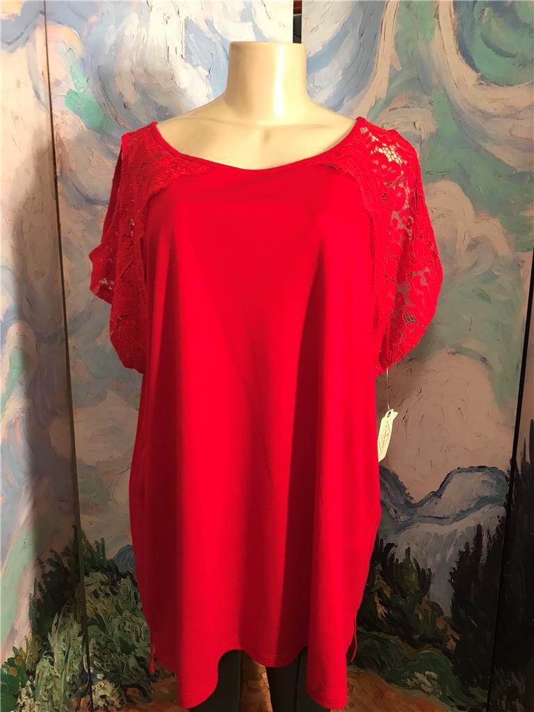 St. John's Bay Plus 2X Red Lace Short Cold Shoulder Sleeve Tunic Top St. John's Bay Plus 2X Red Lace Short Cold Shoulder Sleeve Tunic Top