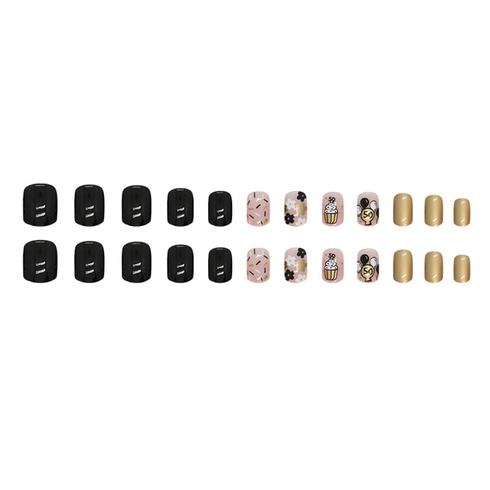 24pcs Gold Black Festival False Nail Short Square Press on Nails for