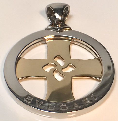 BVLGARI 18K YELLOW GOLD STEEL DISC 2 1/4” TONDO CROSS PENDANT PLSE READ S718 - Picture 7 of 9