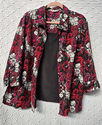 Womens Blouse White Stag 3X (22/24) Red Black White Paisley Design With Sparkle 