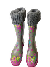 Western Chief Women's Size 6 Shabby Chick Grey Pink Floral Rainboots with Socks