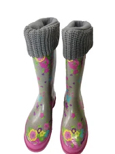 Western Chief Women's Size 6 Shabby Chick Grey Pink Floral Rainboots with Socks