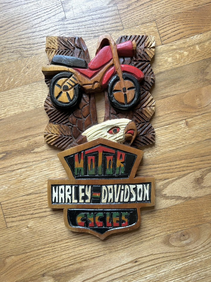 Vintage HarleyDavidson Motorcycle Sign Hand Carved Wood Wall Art Man