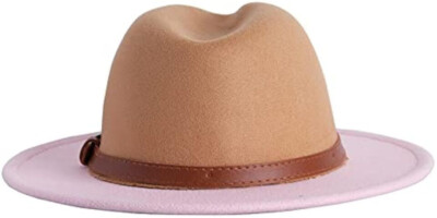 Women\'s Hat Wide Brim Felt Fedora Panama hat with belt buckle multi color QUUPY Two Tone Wide Brim Fedora Hats Felt Panama Cap with  main image 2
