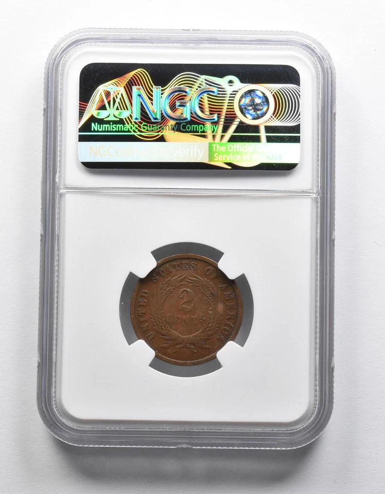 Mint Error VF30 BN 1864 Union Shield Two-Cent Piece Medallic Alignment NGC *1950 - Image 2 of 3