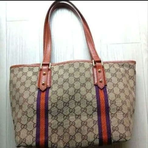 GUCCI Vintage GG Canvas Shoulder Bag Brown Leather 22cm x 38cm Excellent