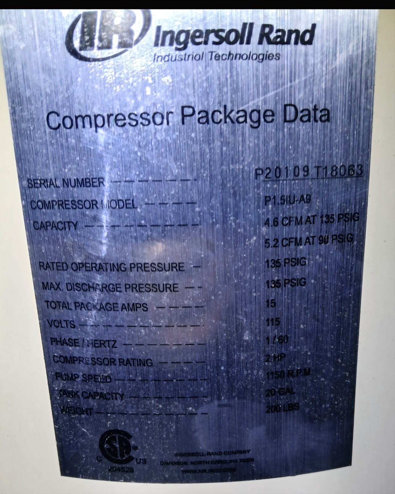 Ingersoll Rand P1.5IU-A9 20 gal 2 HP Portable Air Compressor