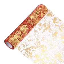 30 Feet Table Runner, Sequin Gold Foil Thin Mesh Metallic Table Runner, Red Gold