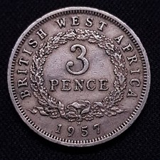 British West Africa 1957H 3 Pence KM#35 Elizabeth II (QEII) Cu-Ni - Key Date