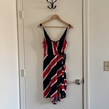 NWT Express Women’s Dress XS Wrap Front Striped Asymmetrical Hem Red Navy White