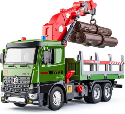 Timber Logging Truck Toy Metal Cab, Friction Powered Log Truck with Fully Functi