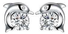 Fashion 925 Sterling Silver Inlay Cubic Zirconia Dolphin Stud Earrings for Women