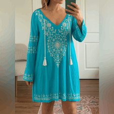 VENUS Women's Blue Floral Aztec Long Sleeve V-Neck Tassle Dress sz M Boho Beachy