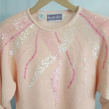 Vintage Holiday Sweater Samantha Starr S Pink Silk Angora Sequin 80s Retro Party