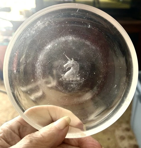 Steuben Thick Glass Intaglio Trinket Ring Dish Unicorn Etched 5”