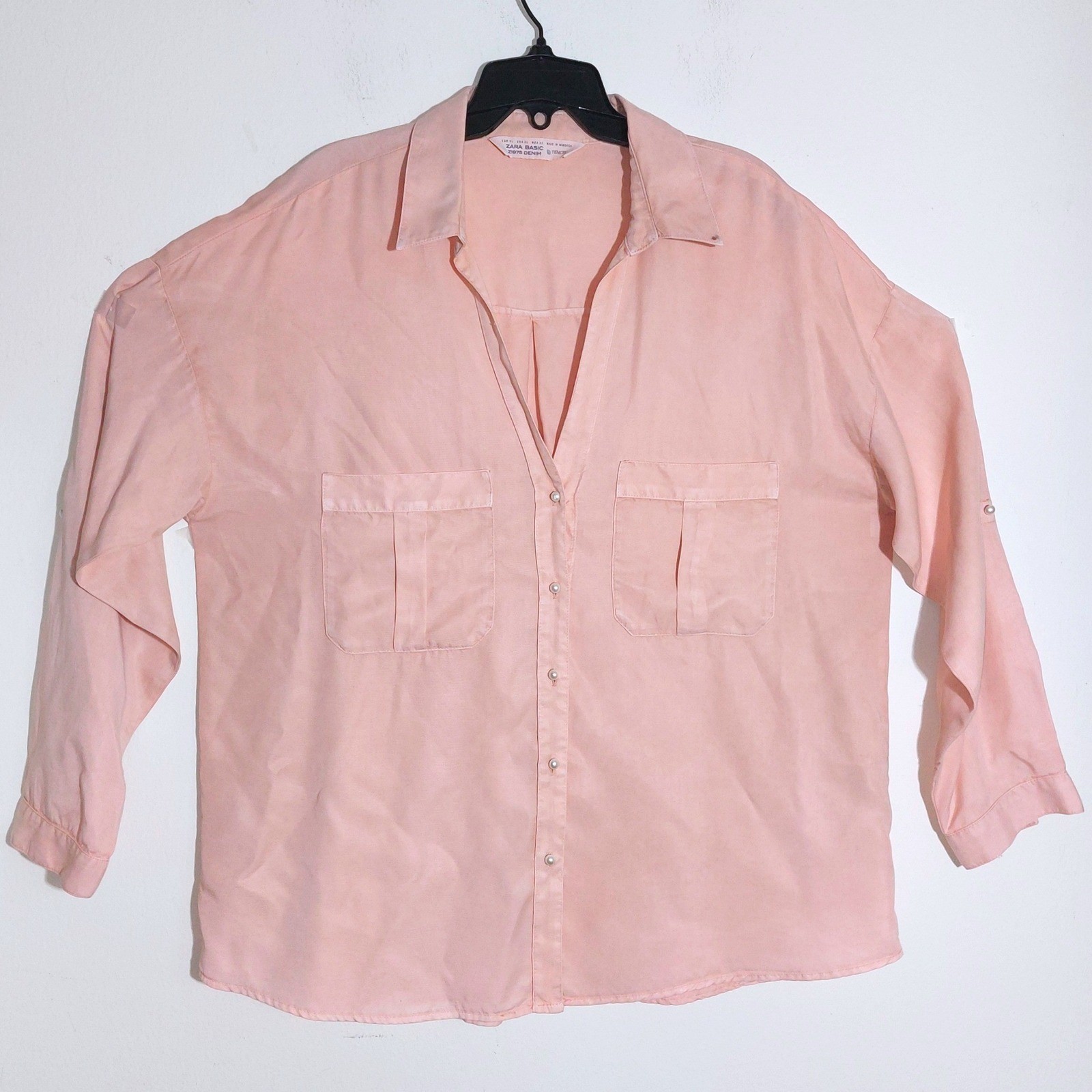 Zara Basic Oversized Peach Tencel Button Down Shi… - image 1