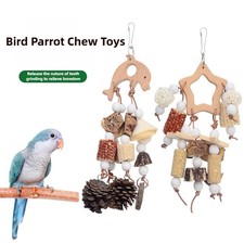 Natural Wooden Parrot Bird Toy Fruit Skewer Chew Tooth Grinding Cage Accessory