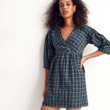 NWT Madewell Babydoll Mini Dress XXS Plaid Cotton V-Neck Surplice Fall Blue