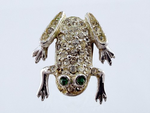 Vintage Sterling Silver White Rhinestone Emerald Eye Frog SINGLE Clip on Earring