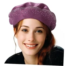 Winter Warm Rhinestone Beret Hats for Women 2 Layers Wool One Size Purple-44009