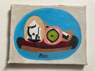 Vintage Abstraktes Ölgemälde nach Picasso Kopie ''Stillleben Obstschale'' Leinwand