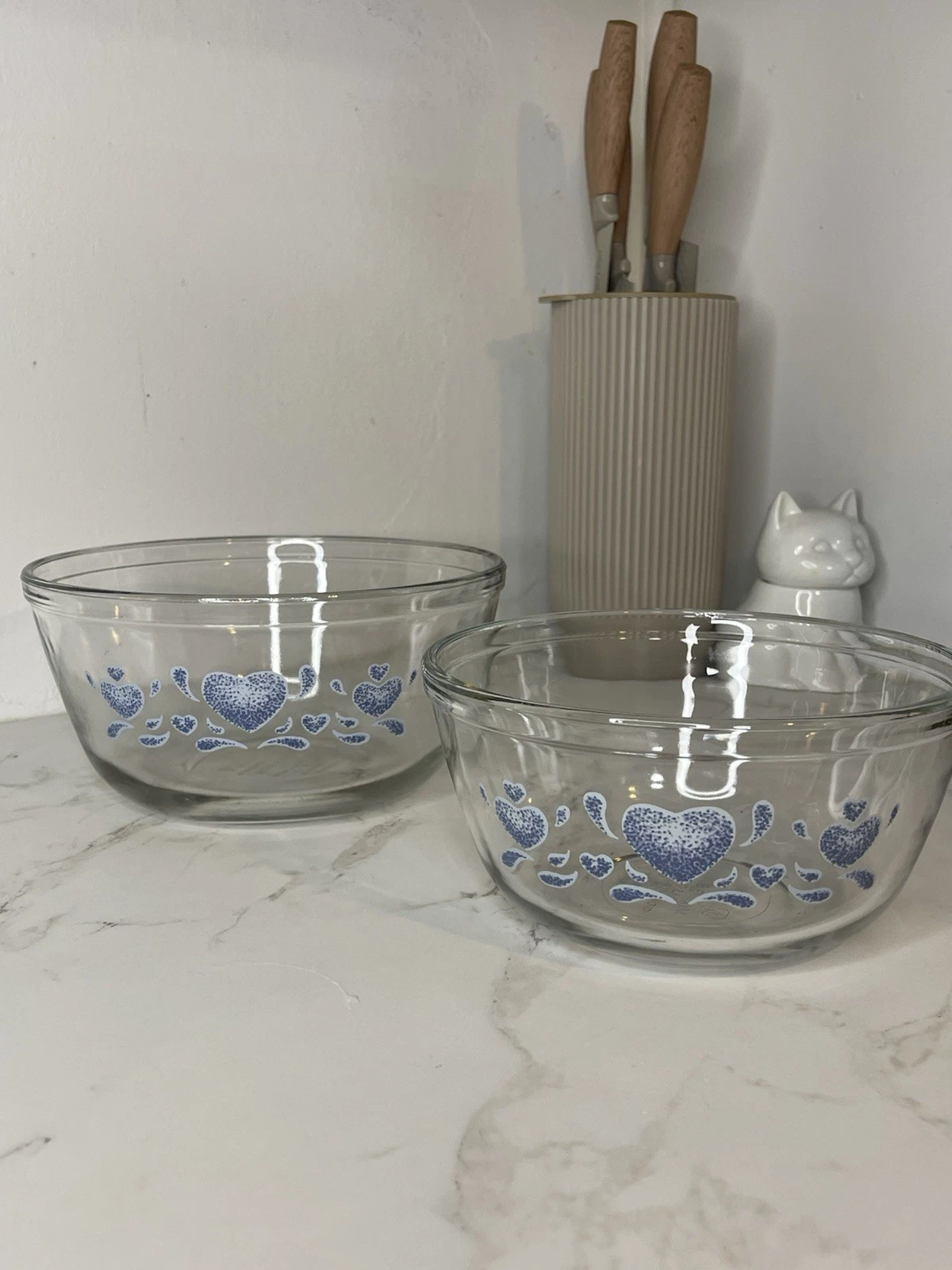 Set 2 Clear Blue Hearts Vtg Anchor Ovenware Mixing Bowls Glass 1.5ql 2.5ql
