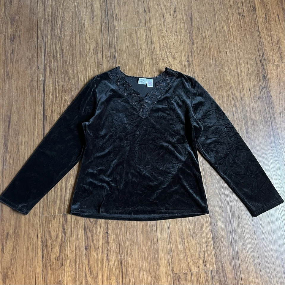 Top de terciopelo vintage años 90 Y2K mediano negro encaje manga larga romántico hada gótica Foto 2 de 4