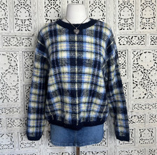 Paul Harris Design Plaid Blue Mohair Blend Fuzzy Grandpa Sweater Sz XL