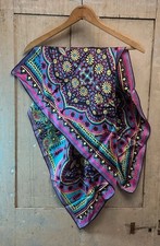 Vera, Silk Scarf, 33  Square, Geometric Paisley, Pink, Teal  Yellow, As Found