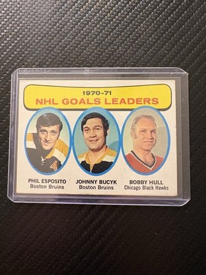 1970-71 Topps NHL Goal Leaders Pictured Phil Esposito, John Buyck and Bobby Hull