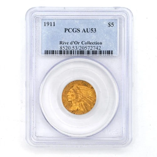 1911 $5 INDIAN HEAD US MINT 90% GOLD COLLECTIBLE COIN PCGS CERTIFIED AU53