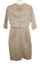 Vintage 50s/60s Ivory Brocade Floral Jacquard Dress Cropped Jacket Set S/M