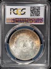 1885-O Morgan Silver Dollar MS63 Rev Blue & Golden Yellow Crescent Toned