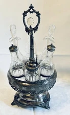ANTIQUE VICTORIAN SILVER PLATE CUT GLASS CRUET CASTOR SET 6pc ROTATING STAND