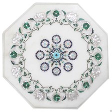 Tavolino Laterale/Fine Marmo Bianco 12" Pietra Dura Floreale Artigianato Opera d'Arte