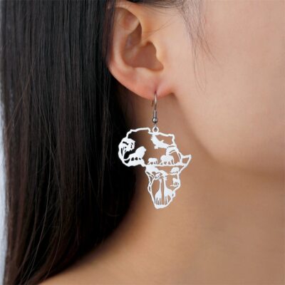 Africa Map Animal Earrings for Women Lions Elephant Monkey Giraffe Tree