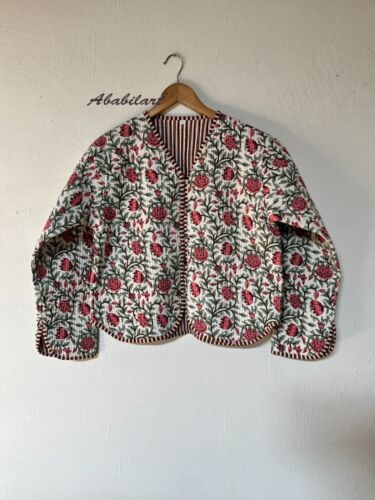 Indian Floral Print Cotton Quilted Jacket Vintage Reversible V Neck Boho Jacket - Picture 2 of 102