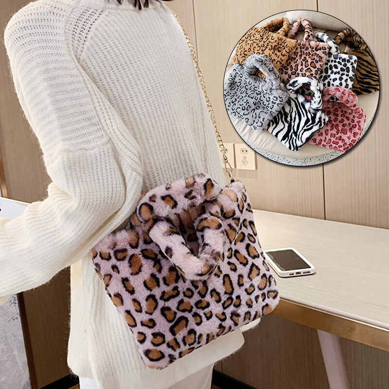 Women Faux Fur Tote Shoulder Bag Handbag Furry Fluffy Leopard