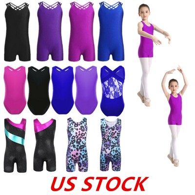 Kids Girls Ballet Dance Leotard Gymnastics Bodysuit Lace Back Dancewear Costume