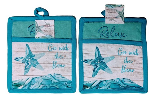 Set of 2 RELAX, GO WITH THE FLOW Coastal Tranquility Potholders, by Kay Dee - 第 1/2 張圖片