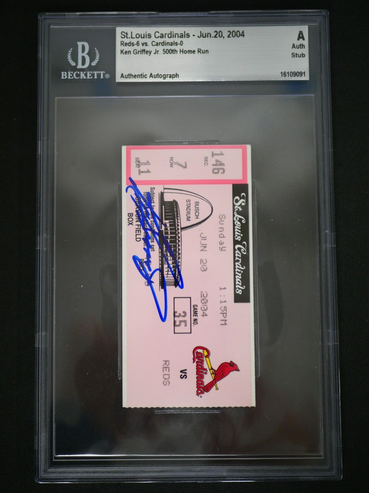 Ken Griffey Jr. Autographed Signed Cincinnati Reds KEN GRIFFEY JR TICKET STUB FROM JUNE 20, 2004 500TH HR GAME BAS AUTHENTIC 