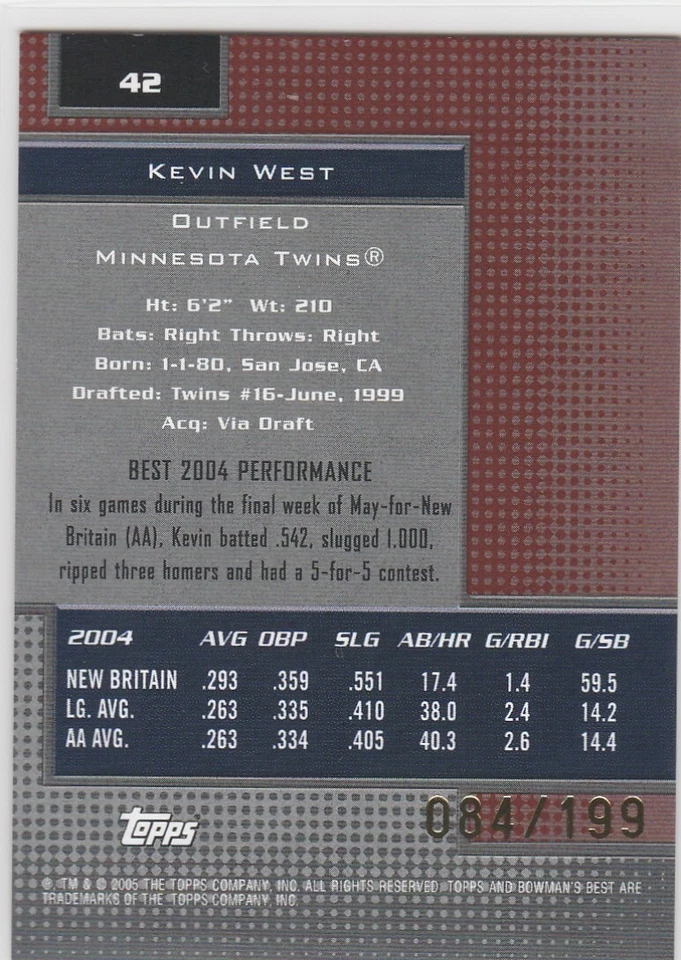 KEVIN WEST RC 2005 BOWMAN'S BEST ROOKIE #42 RED FOIL PARALLEL SERIAL #/D /199 - Image 2 of 2