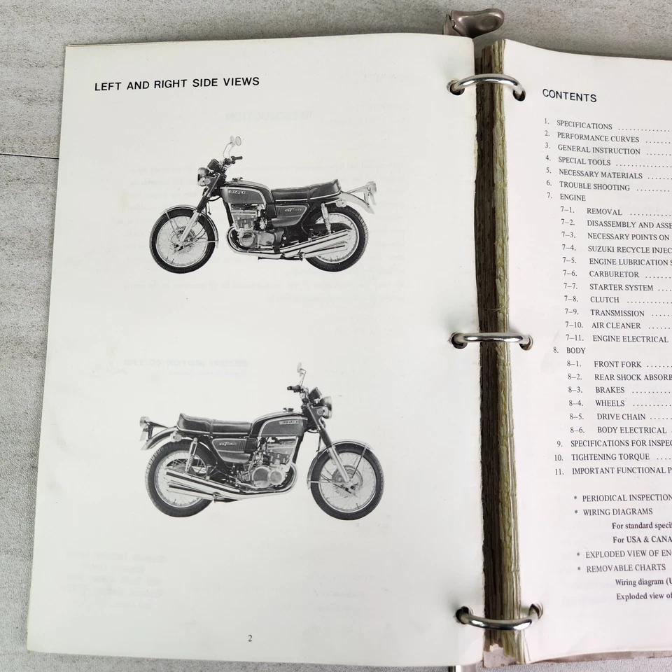 Manual de servicio Suzuki GT550 + libro de equipo eléctrico OEM 1973 anillos de carpeta Foto 4 de 4