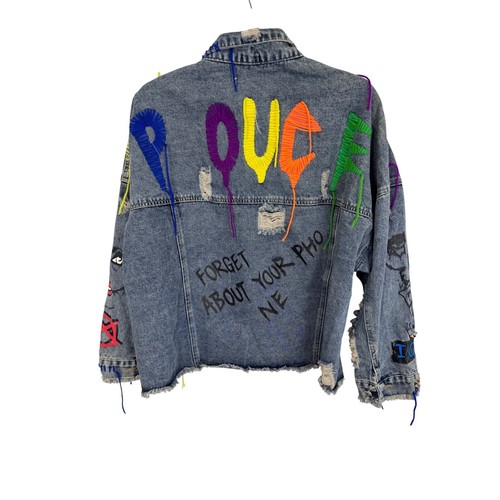 Distressed Denim Jacket Studded Graffiti Embellished Festival Jean Jacket L/XL - Picture 3 of 9