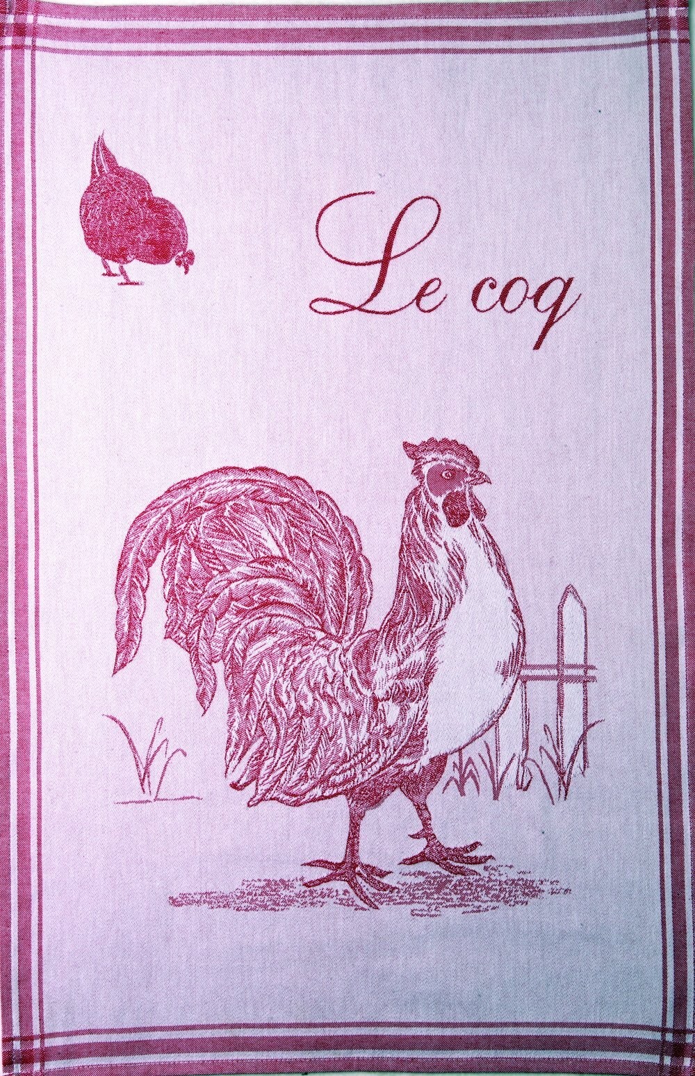Coucke ""Coq - Rouge"", Woven cotton tea towel. Designed in France.