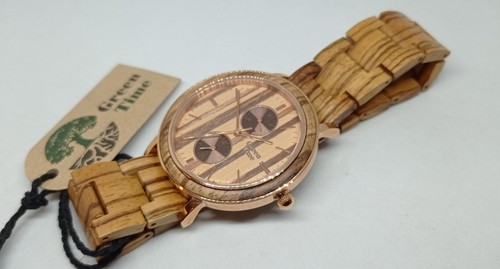 OROLOGIO UOMO LEGNO ZEBRANO,GREEN TIME,MOD.APPLE,CASSA 40mm,DATA,BRACCIALE LEGNO - Foto 2 di 8