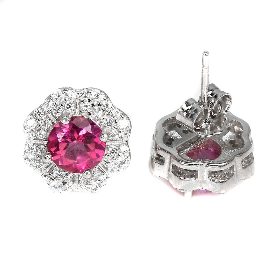 925 Sterling Silver Surface Coated Round Pink Topaz 6mm Simulated Cz  Earrings - Image 3 of 4