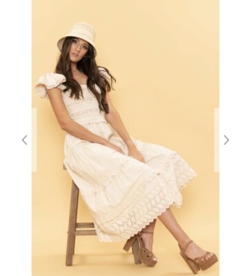 Sea NY Cream Everleigh Smocked Eyelet Midi Dress Puffed Ruffled Sleeve  prairie M